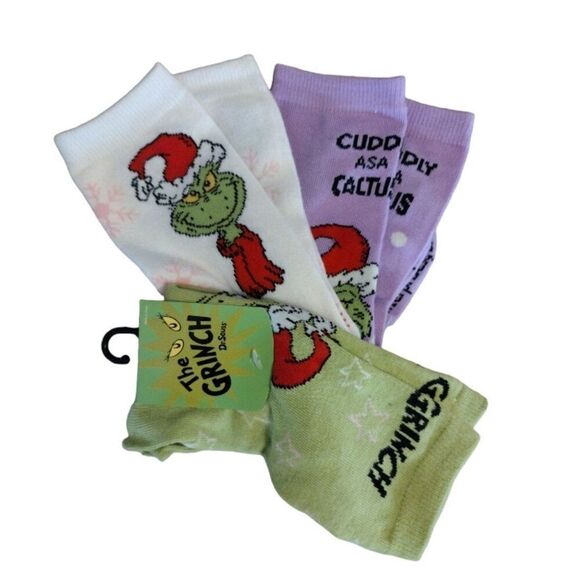 Dr Seuss's The Grinch 3 Pairs Christmas Themed Crew Socks NWT - Picture 5 of 9